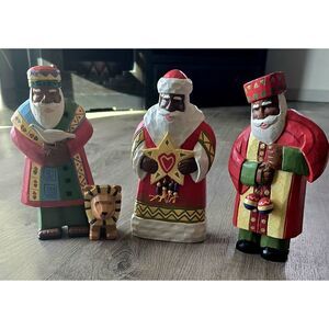3 Vintage Painted Folk Art Christmas African / Brown Santa Figures Decor 10"